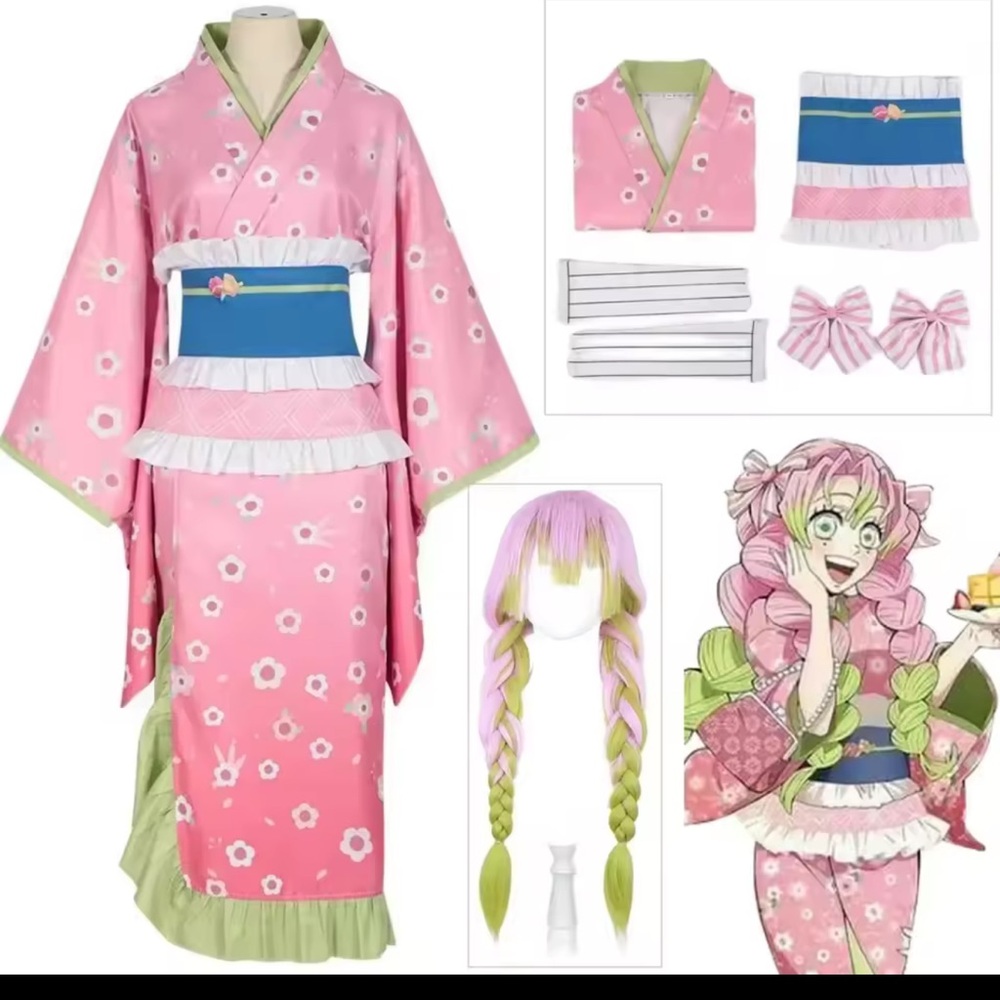 Anime Demon Slayer Kanroji Mitsuri Kimono Dress Cosplay Costume Pink Halloween